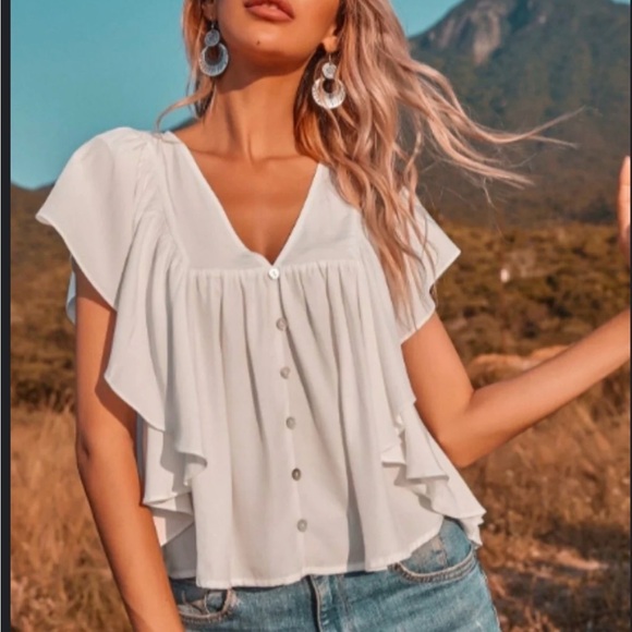 SHEIN Tops - SHEIN White Button-Down Ruffle Feminine Sweet Classy Valley Blouse Size Large